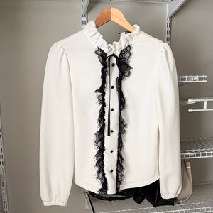 SHEIN White Long-Sleeve Blouse with Black Lace Trim